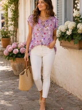 Buffalo David Bitton Lavender Floral Boho Blouse | Sheer Peasant Top Cottagecore